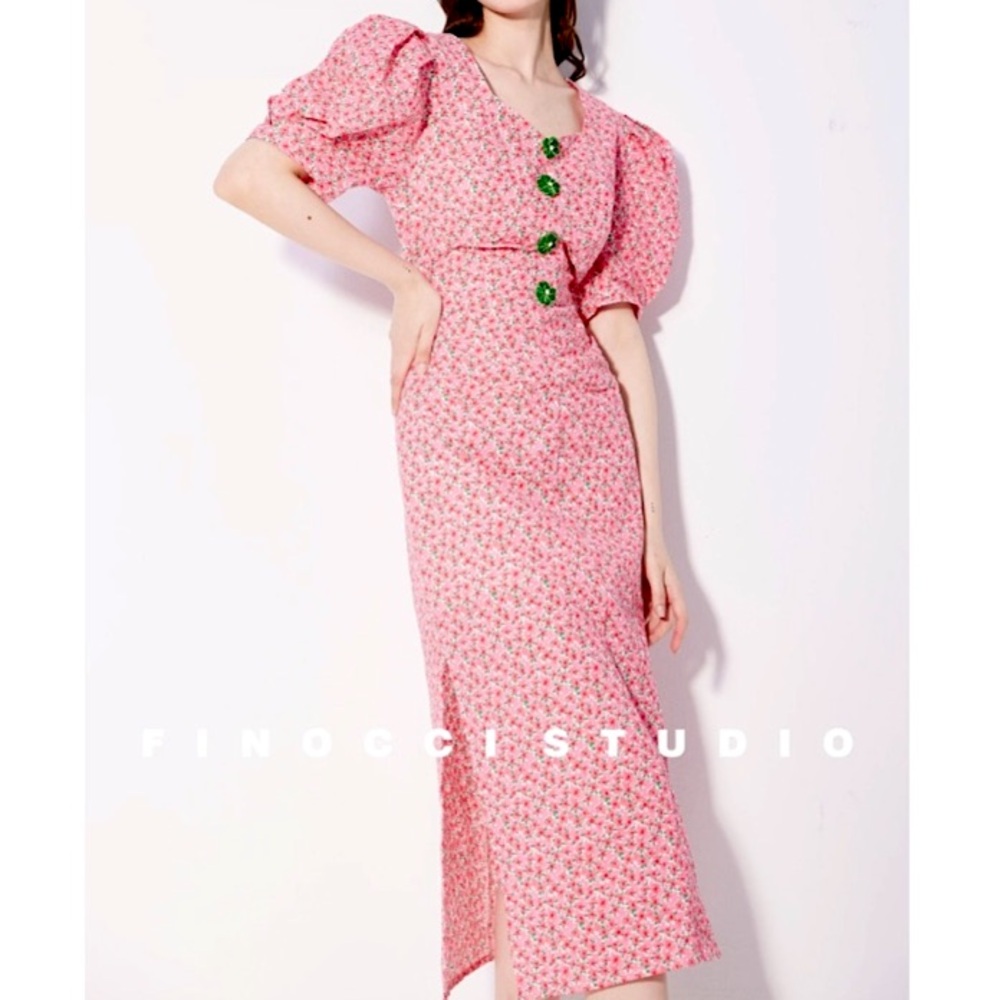 French Talli Retro Floral Midi Dress Finocci Studio pink green red SM MED